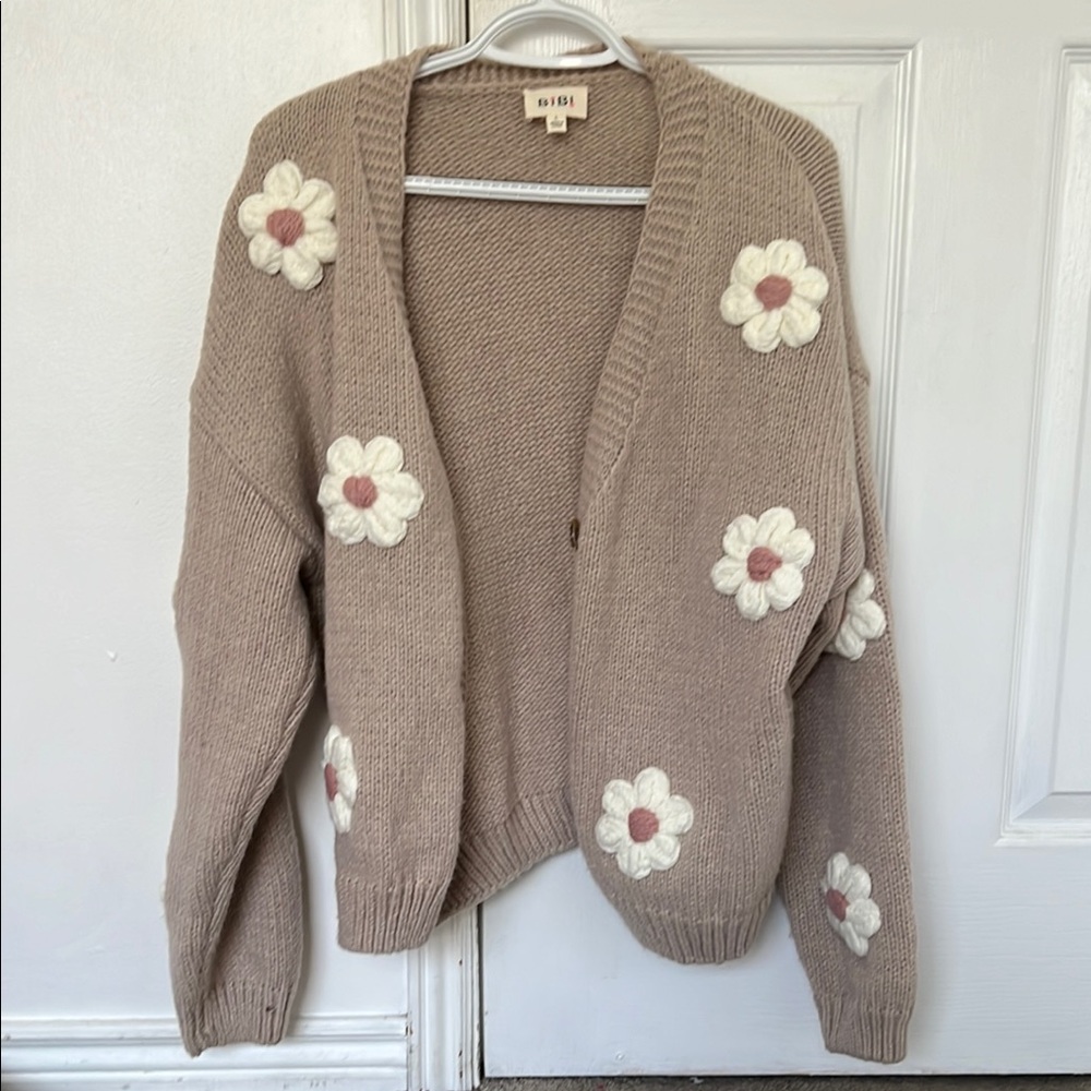 bobi Tan and White Floral Cardigan Sweater